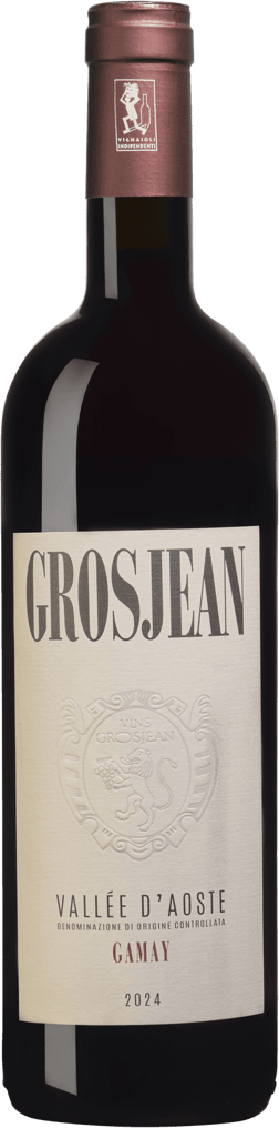 En glasflaska med Grosjean Gamay 2024, ett rött vin från Valle d'Aosta i Italien