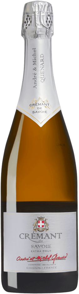 En glasflaska med André et Michel Quenard Crémant de Savoie Extra Brut, ett mousserande vin från Savoie i Frankrike