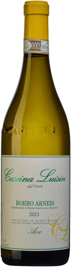 En glasflaska med Cascina Luisin Roero Arneis 2023, ett vitt vin från Piemonte i Italien