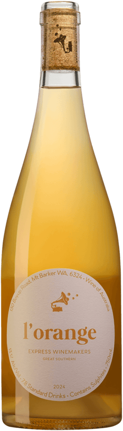 En glasflaska med Express Winemakers L'orange 2022, ett vitt vin från Western Australia i Australien