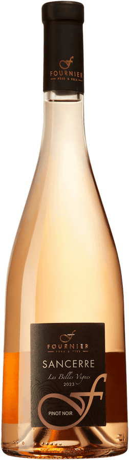 En glasflaska med Fournier Sancerre Rosé Les Belles Vignes 2024, en rosévin från Loiredalen i Frankrike