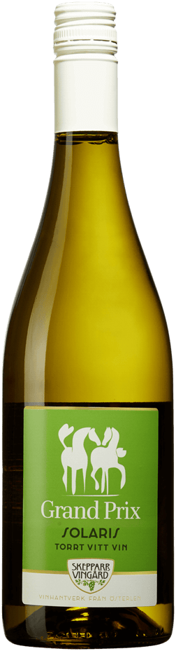 En lättare glasflaska med Skepparps GP Solaris 2022, ett vitt vin från Skåne län i Sverige