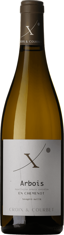 En glasflaska med Croix & Courbet Arbois En Chemenot Savagnin Ouillé 2022, ett vitt vin från Jura i Frankrike