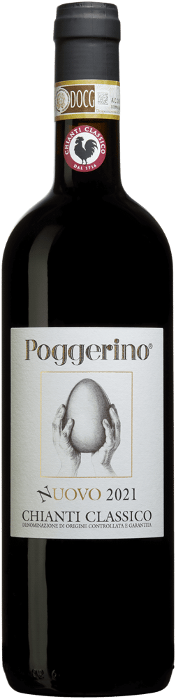 En glasflaska med Fattoria Poggerino Chianti Classico Nuovo 2021, ett rött vin från Toscana i Italien