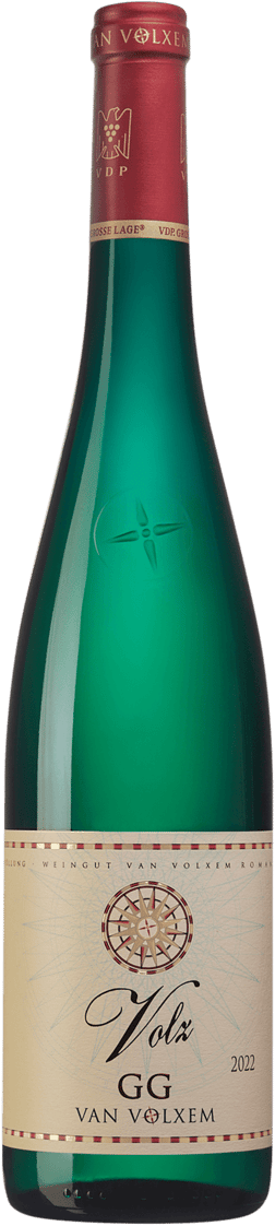 En glasflaska med Van Volxem Volz Riesling GG 2022, ett vitt vin från Mosel i Tyskland