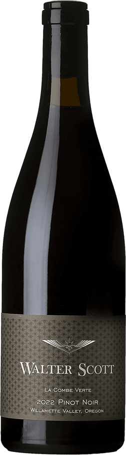 En glasflaska med Walter Scott La Combe Verte Pinot Noir 2022, ett rött vin från Oregon i USA