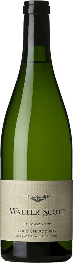 En glasflaska med Walter Scott La Combe Verte Chardonnay 2022, ett vitt vin från Oregon i USA