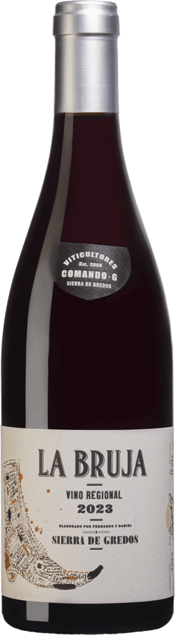 En glasflaska med Comando G La Bruja Vino Regional 2023, ett rött vin från Kastilien-León i Spanien