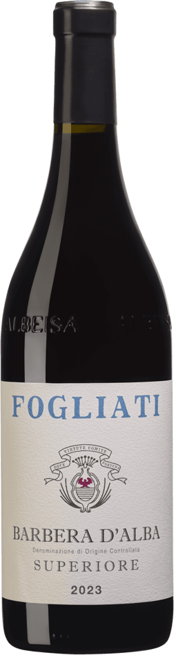 En glasflaska med Fogliati Barbera d'Alba Superiore 2023, ett rött vin från Piemonte i Italien