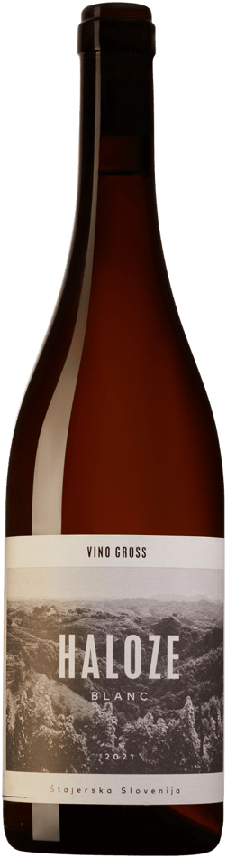En lättare glasflaska med Vino Gross Haloze 2021, ett vitt vin från Podravina i Slovenien