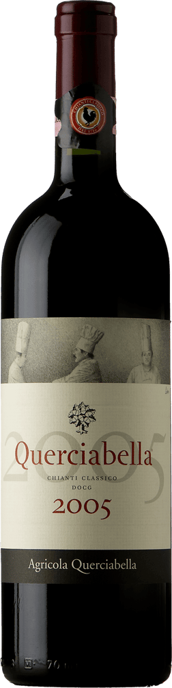 En glasflaska med Querciabella Chianti Classico 2005, ett rött vin från Toscana i Italien