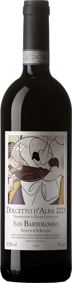 En glasflaska med Cesare Bussolo San Bartolomeo Dolcetto d´Alba 2023, ett rött vin från Piemonte i Italien
