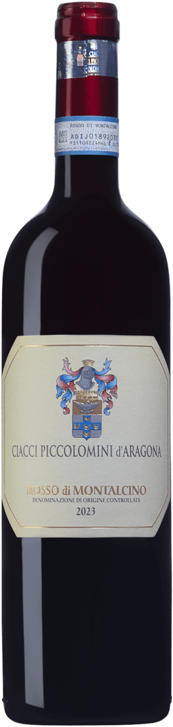 En glasflaska med Ciacci Piccolomini Rosso di Montalcino 2023, ett rött vin från Toscana i Italien