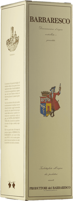 En lättare glasflaska med Produttori del Barbaresco Barbaresco 2020, ett rött vin från Piemonte i Italien