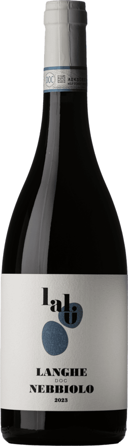 En glasflaska med Azienda Agricola Lalù Langhe Nebbiolo 2023, ett rött vin från Piemonte i Italien