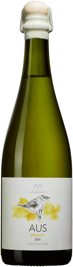 En glasflaska med AUS Bruant Brut Nature 2021, ett mousserande vin från Cava i Spanien