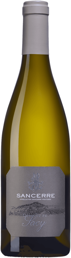 En glasflaska med Domaine de Sacy Sancerre 2023, ett vitt vin från Loiredalen i Frankrike