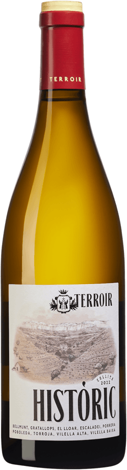 En lättare glasflaska med Terroir al Limit Historic Blanco 2022, ett vitt vin från Katalonien i Spanien