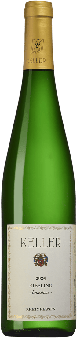 En glasflaska med Keller Limestone Riesling Goldkapsel 2024, ett vitt vin från Rheinhessen i Tyskland