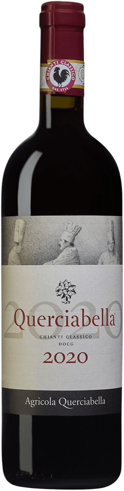 En glasflaska med Querciabella Chianti Classico 2020, ett rött vin från Toscana i Italien