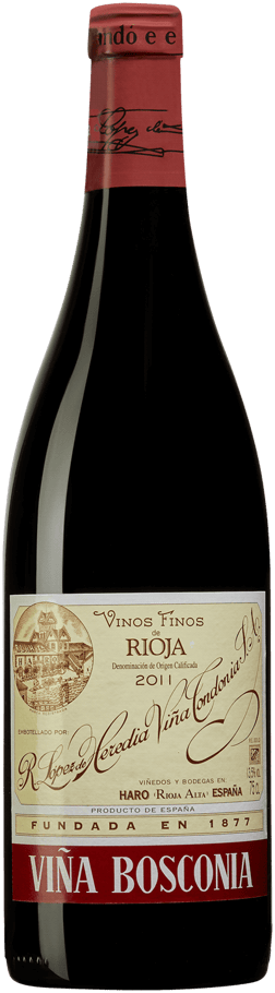 En glasflaska med R. López de Heredia Viña Bosconia Reserva 2011, ett rött vin från Rioja i Spanien