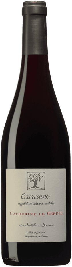En glasflaska med Catherine le Goeuil Cairanne 2022, ett rött vin från Rhonedalen i Frankrike