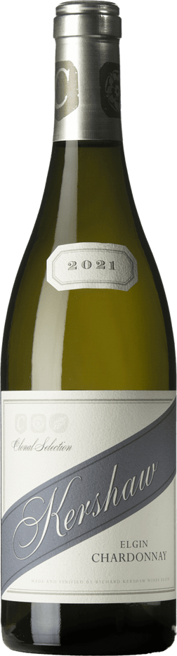 En glasflaska med Kershaw Clonal Selection Chardonnay 2021, ett vitt vin från Western Cape i Sydafrika