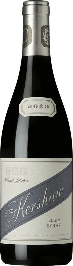 En glasflaska med Kershaw Clonal Selection Elgin Syrah 2020, ett rött vin från Western Cape i Sydafrika