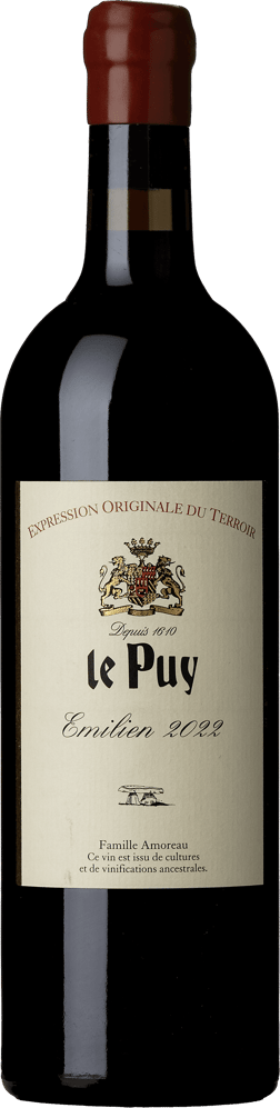 En glasflaska med Chateau Le Puy Emilien 2022, ett rött vin från Frankrike