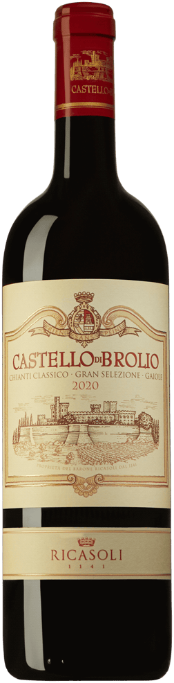 En glasflaska med Barone Ricasoli Castello di Brolio 2020, ett rött vin från Italien