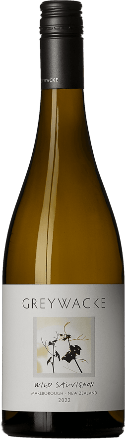 En lättare glasflaska med Greywacke Wild Sauvignon 2022, ett vitt vin från Marlborough i Nya Zeeland