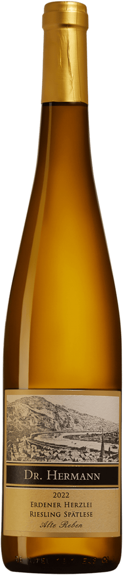 En glasflaska med Weingut Dr. Hermann Erdener Herzlei Riesling Spätlese Alte Reben 2022, ett vitt vin från Mosel i Tyskland
