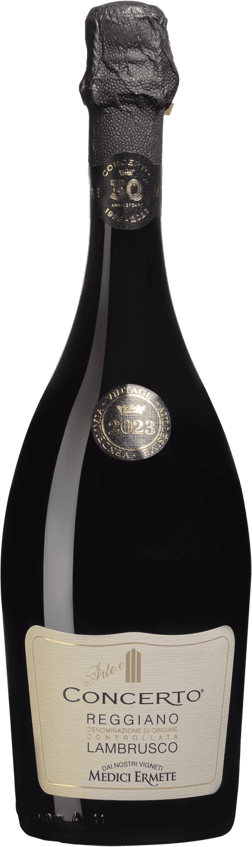 En glasflaska med Medici Ermete Concerto Lambrusco Reggiano 2023, ett rött vin från Emilia-Romagna i Italien