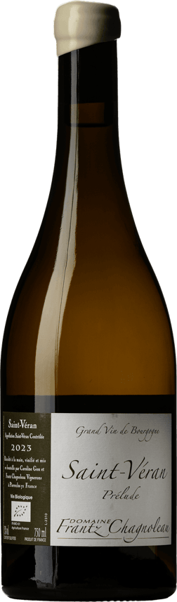 En glasflaska med Frantz Chagnoleau Saint Véran Prélude 2023, ett vitt vin från Bourgogne i Frankrike
