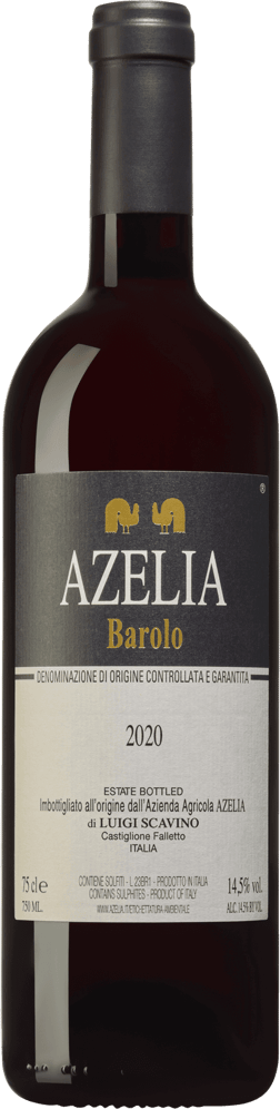 En glasflaska med Azelia Barolo 2020, ett rött vin från Piemonte i Italien
