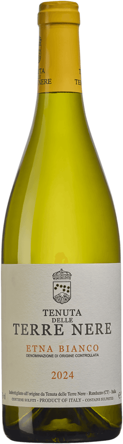 En glasflaska med Tenuta delle Terre Nere Etna Bianco 2024, ett vitt vin från Sicilien i Italien