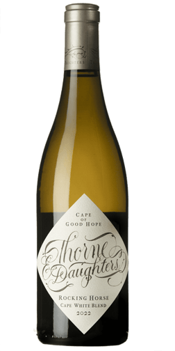 En glasflaska med Thorne & Daughters Rocking Horse Cape White Blend 2022, ett vitt vin från Western Cape i Sydafrika