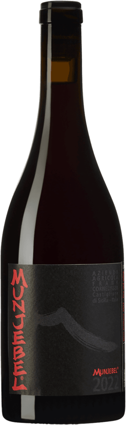 En lättare glasflaska med Frank Cornelissen Munjebel Rosso 2022, ett rött vin från Sicilien i Italien