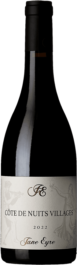 En glasflaska med Maison Jane Eyre Côte de Nuits Villages 2022, ett rött vin från Bourgogne i Frankrike