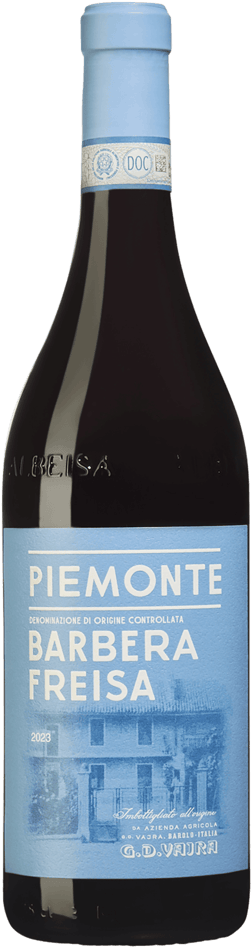 En glasflaska med G.D. Vajra Barbera Freisa 2023, ett rött vin från Piemonte i Italien