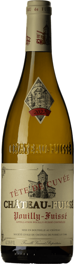 En glasflaska med Château Fuissé Tête de Cuvée 2022, ett vitt vin från Bourgogne i Frankrike