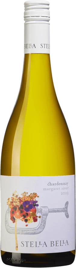 En glasflaska med Stella Bella Chardonnay 2023, ett vitt vin från Western Australia i Australien
