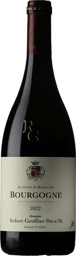 En glasflaska med Grosjean Gamay 2022, ett rött vin från Bourgogne i Frankrike