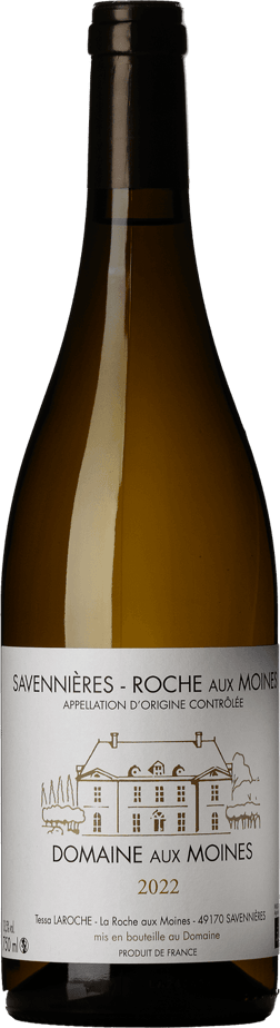 En glasflaska med Domaine aux Moines Savennières Roche aux Moines 2022, ett vitt vin från Loiredalen i Frankrike