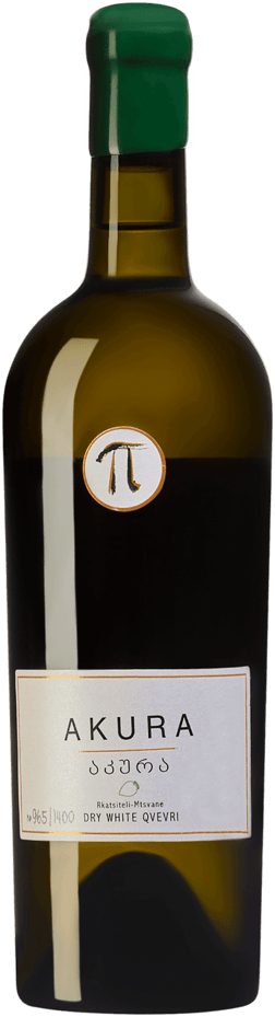 En glasflaska med Pi Akura Dry White Qvevri 2022, ett vitt vin från Georgien