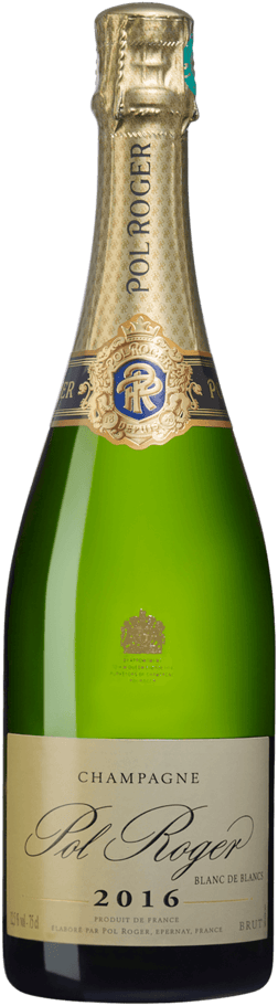 En glasflaska med Pol Roger Blanc de Blancs 2016, ett champagne från Champagne i Frankrike