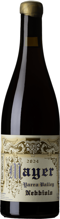 En glasflaska med Timo Mayer Nebbiolo 2024, ett rött vin från Victoria i Australien