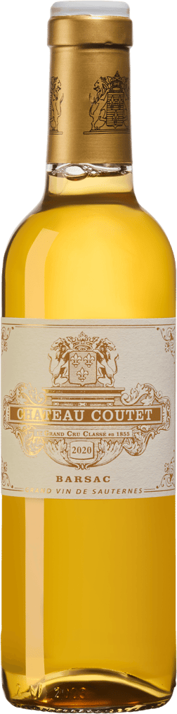 En glasflaska med Château Coutet 2020, ett vitt vin från Bordeaux i Frankrike