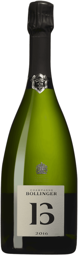 En glasflaska med Bollinger B16 2016, ett champagne från Champagne i Frankrike