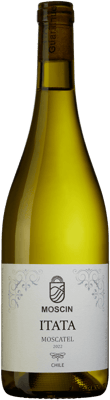 En lättare glasflaska med Moscin Moscatel, ett vitt vin från Région del Sur i Chile